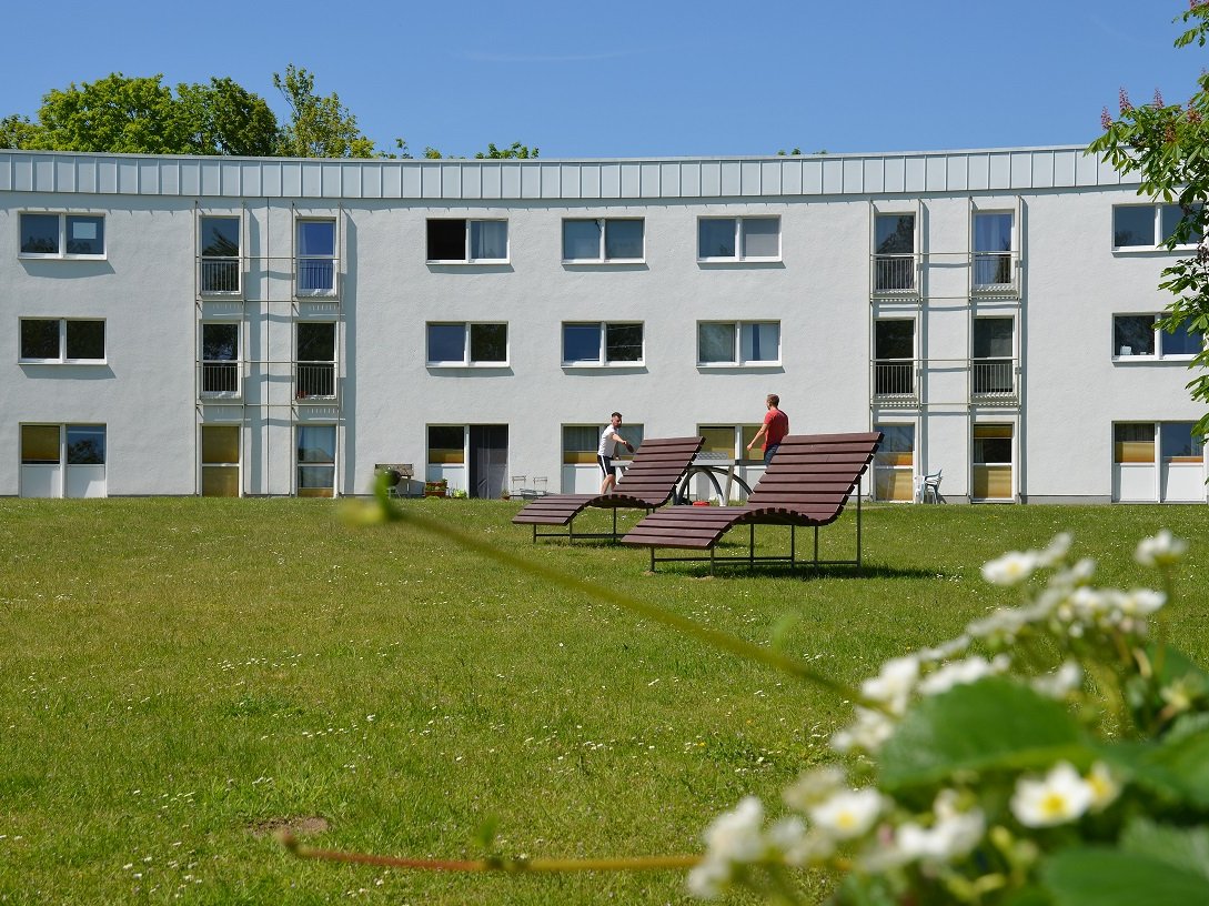 Die Wohnanlage Meitnerweg des Studierendenwerks Dortmund, Außenansicht.