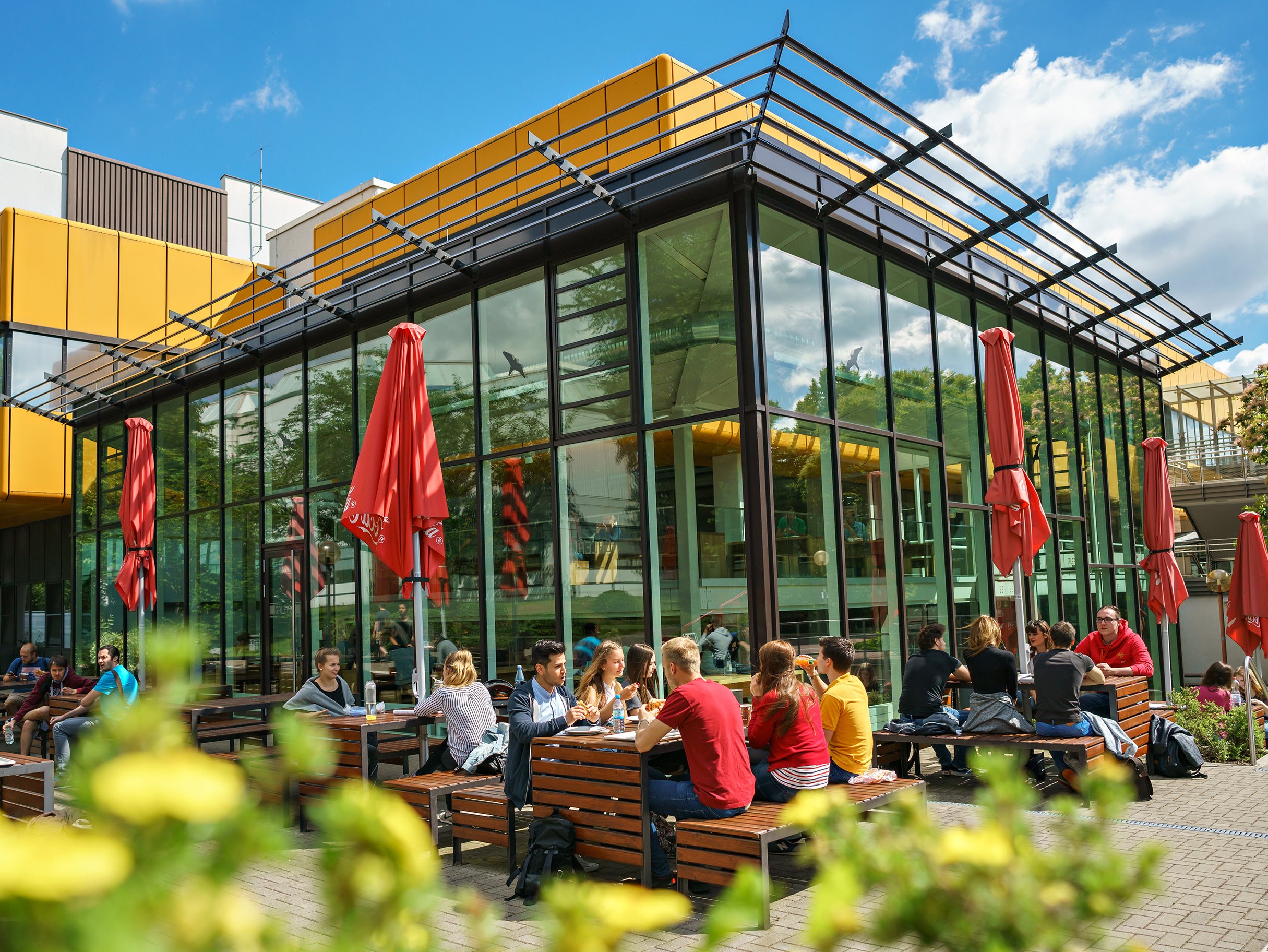 Studierende sitzen an einem Tisch im Außenbereich der Galerie