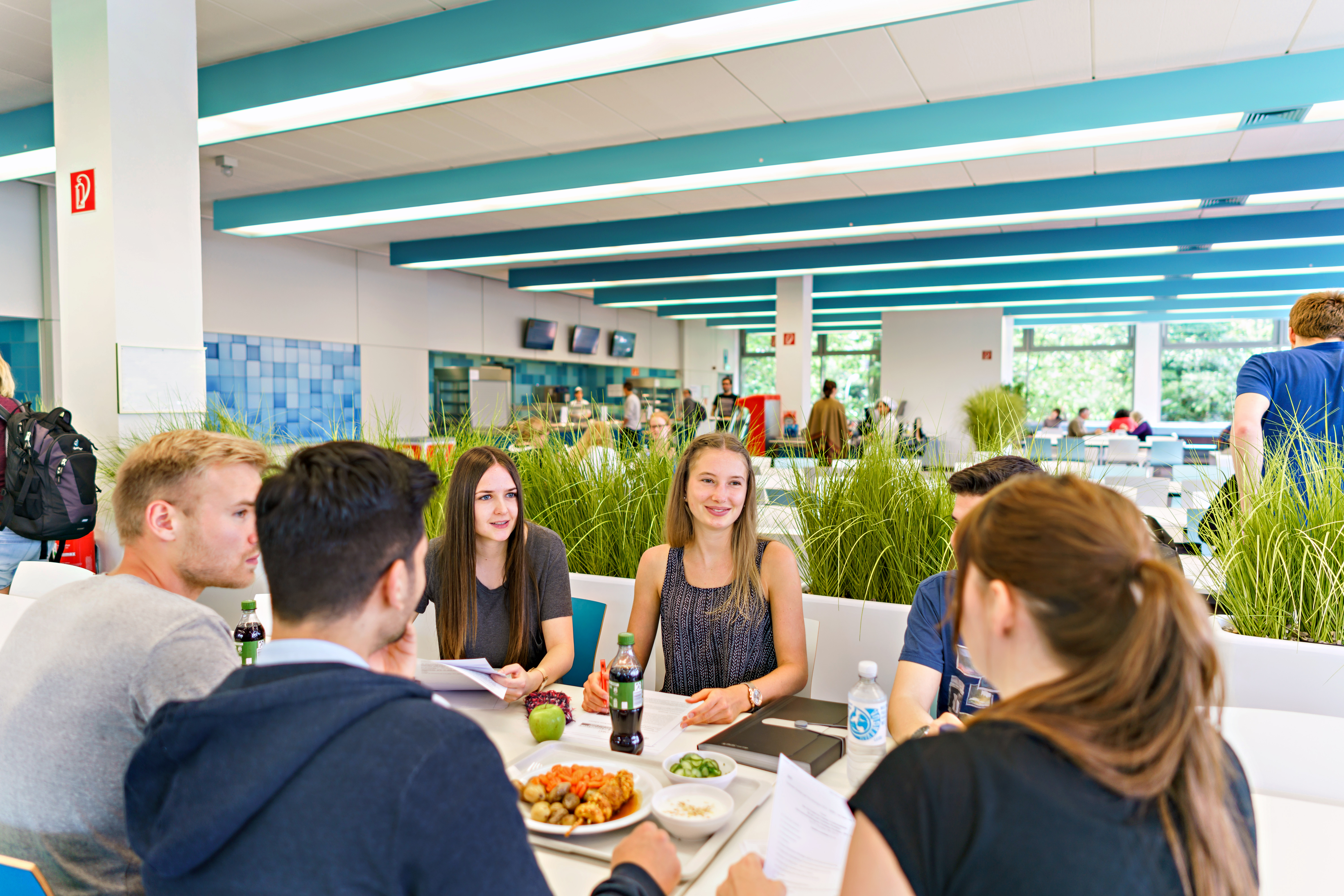 Eine Gruppe Studierender sitzt an einem Tisch in der Mensa Sued und isst gemeinsam zu Mittag.