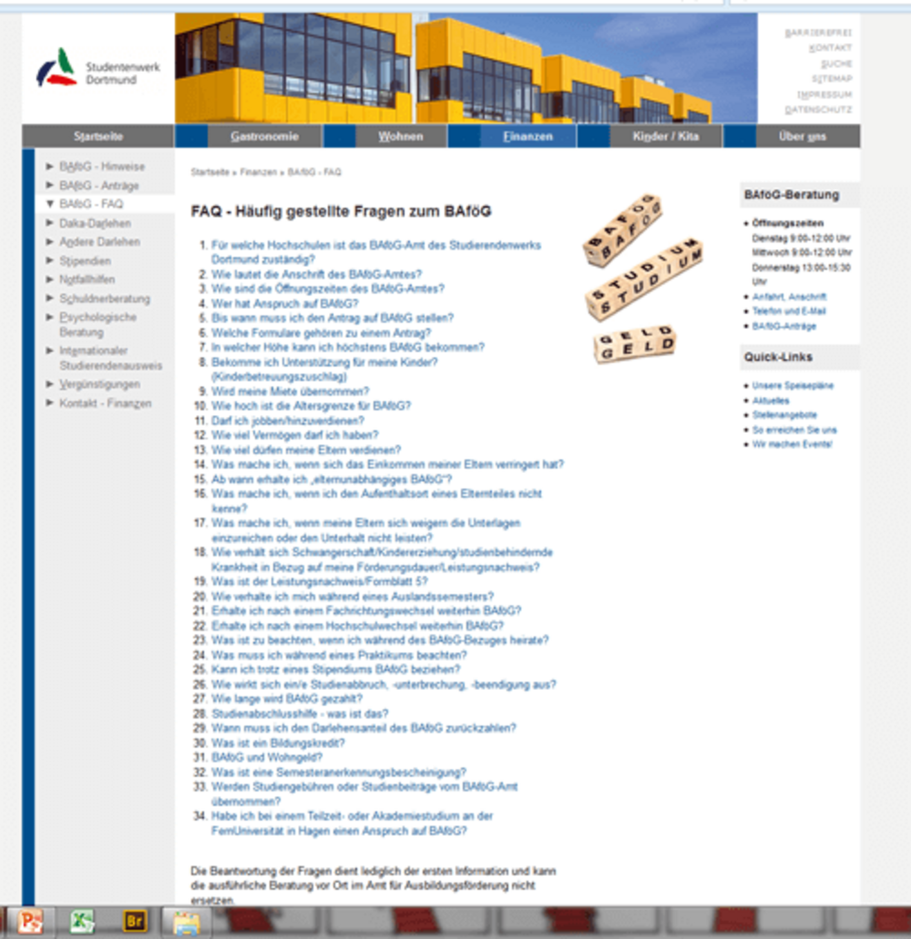 Screenshot des ersten Internetauftritts des Studierendenwerks Ende 2007